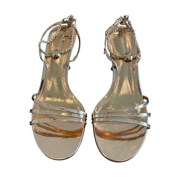 Ferragamo Denise Sandals Heel Chain Ankle Strap 70mm Metallic Gold Party Sz 7 - Picture 2 of 14